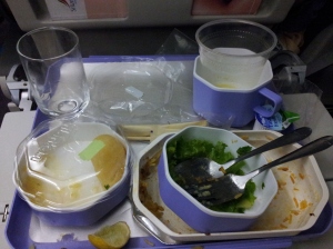 my consumed vegetarian meal tray during a flight through SriLankan Airlines